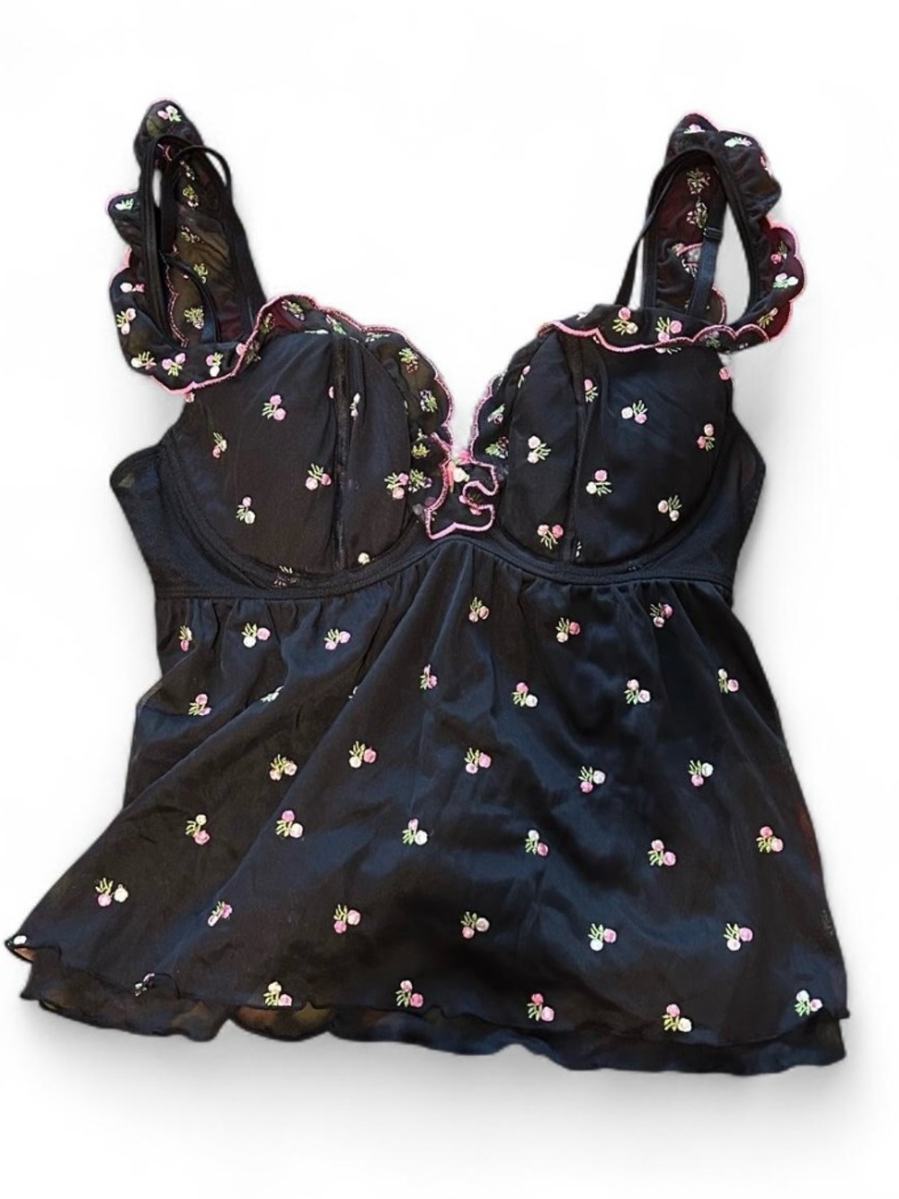 betsey johnson intimates black and pink floral sleeveless lingerie top